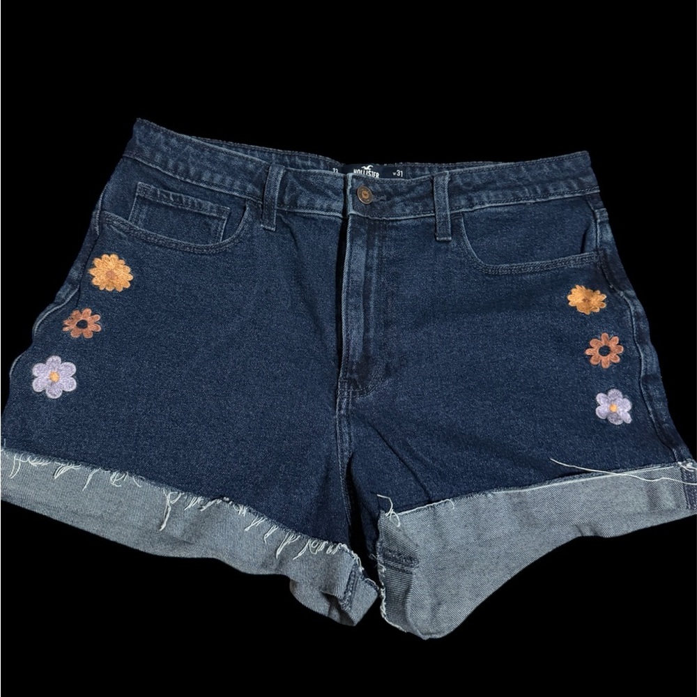 Hollister Blue and Orange Jean Shorts with Distressed Details